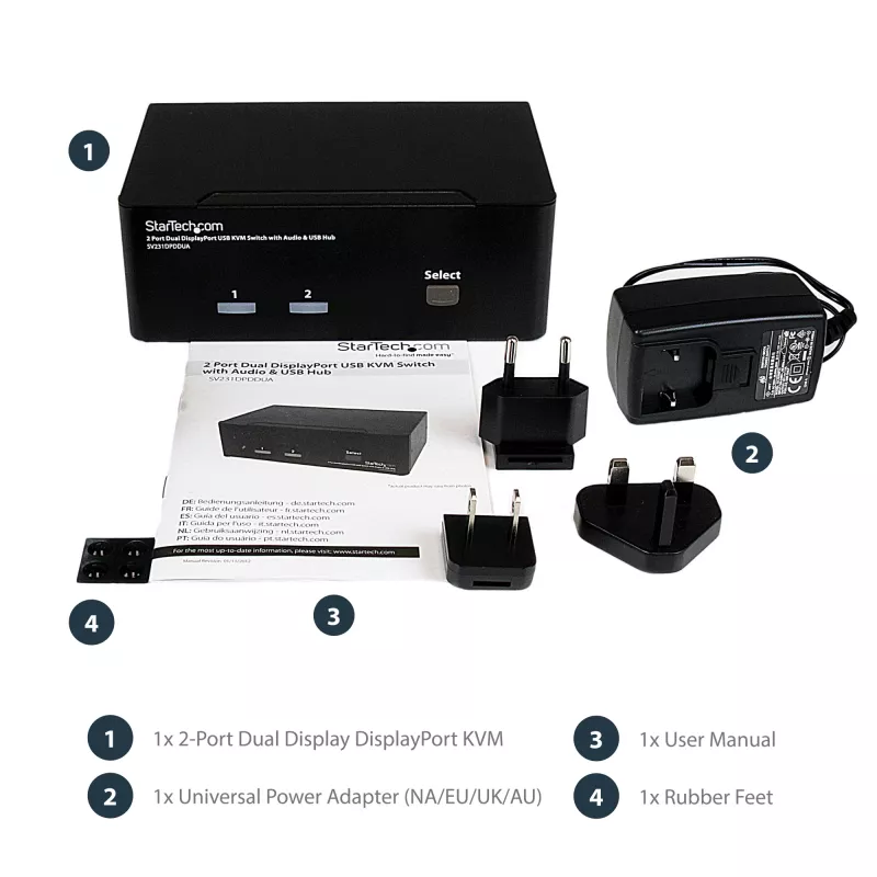 StarTech.com 2 prievadų dvigubo DisplayPort USB KVM jungiklis su garsu ir USB 2.0 šakotuvu