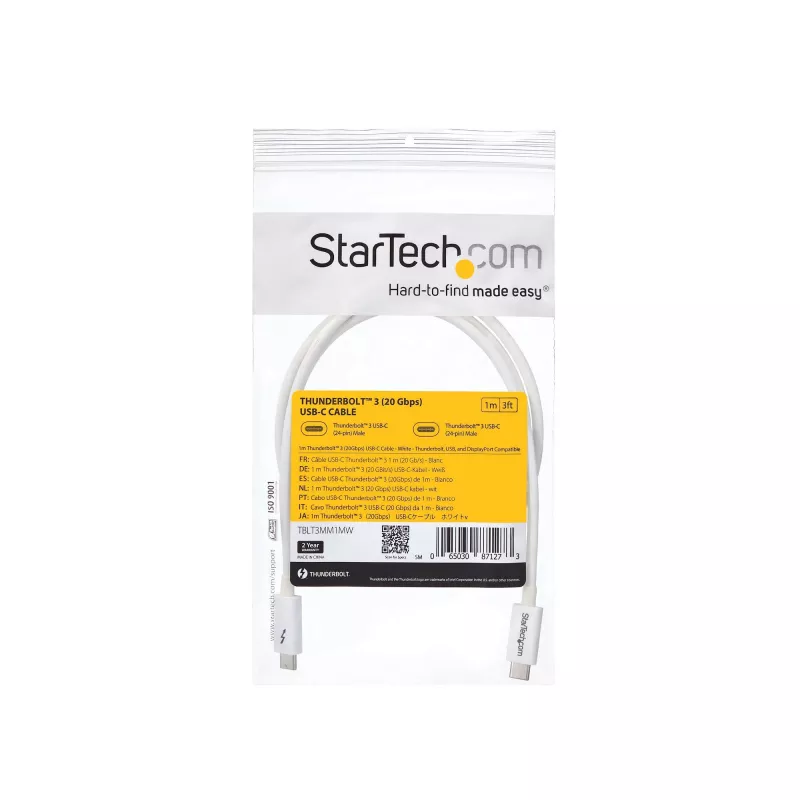 StarTech.com Thunderbolt 3 kabelis - 20Gbps - 1m - baltas - suderinamas su Thunderbolt, USB ir DisplayPort