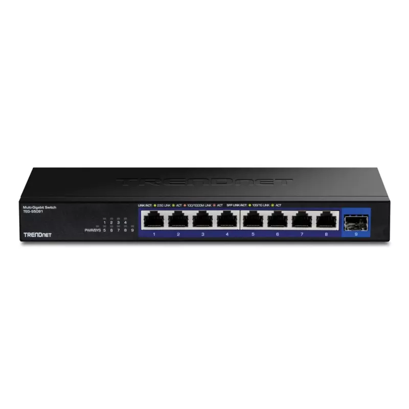 Nevaldomas tinklo jungiklis TRENDnet TEG-S5091 — 8× 2,5G RJ-45 prievadai, 60 Gbit/s, 12V, montuojamas ant sienos