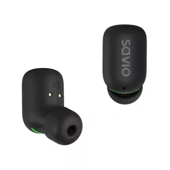 Belaidės ausinės SAVIO TWS-09 – Bluetooth 5.1, binauralinės, 20–20000 Hz, 8 h pokalbių laiko, įkrovimo dėklas su power bank, USB-C, juodos