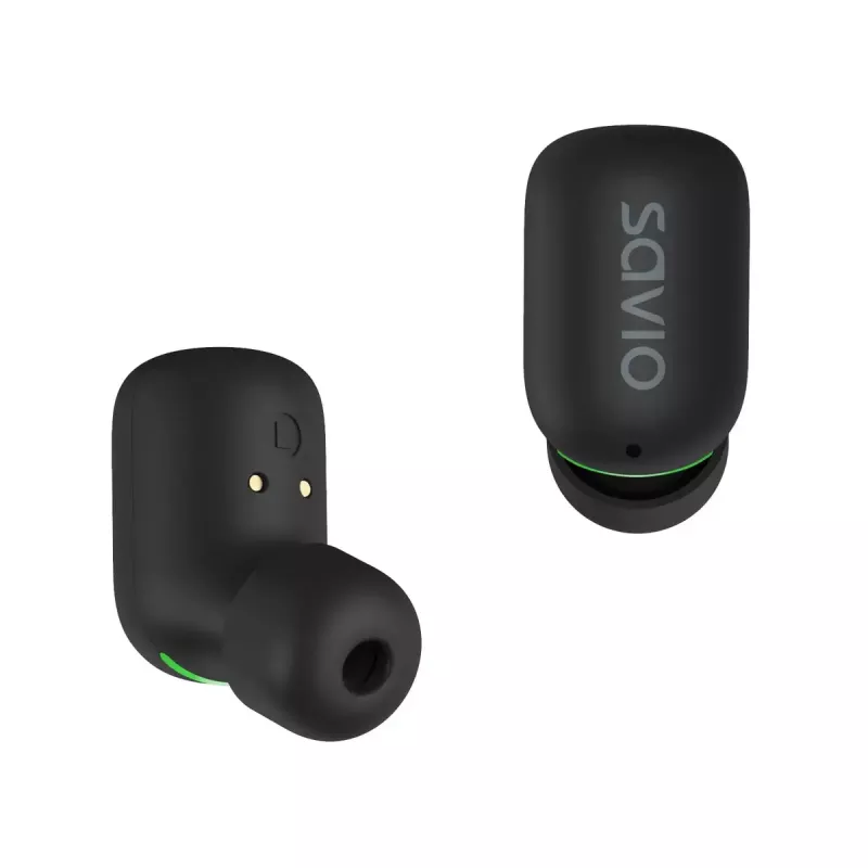 Belaidės ausinės SAVIO TWS-09 – Bluetooth 5.1, binauralinės, 20–20000 Hz, 8 h pokalbių laiko, įkrovimo dėklas su power bank, USB-C, juodos