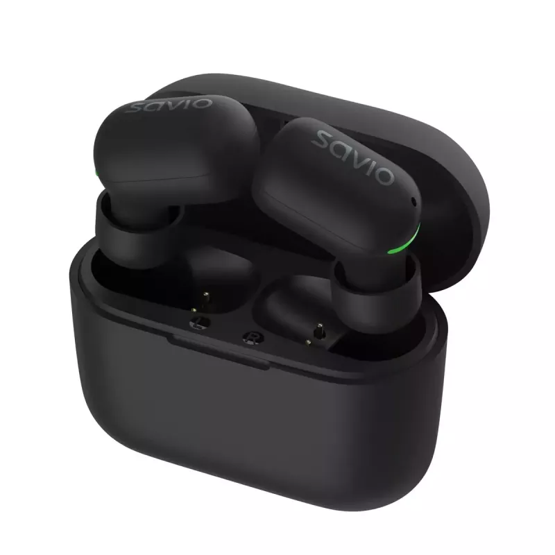 Belaidės ausinės SAVIO TWS-09 – Bluetooth 5.1, binauralinės, 20–20000 Hz, 8 h pokalbių laiko, įkrovimo dėklas su power bank, USB-C, juodos