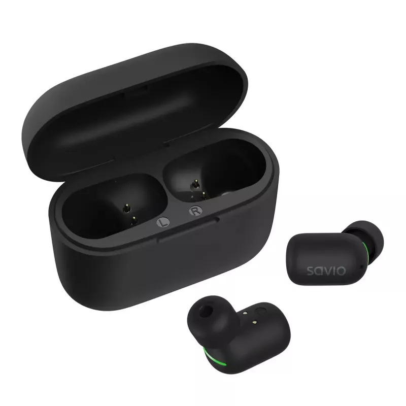 Belaidės ausinės SAVIO TWS-09 – Bluetooth 5.1, binauralinės, 20–20000 Hz, 8 h pokalbių laiko, įkrovimo dėklas su power bank, USB-C, juodos