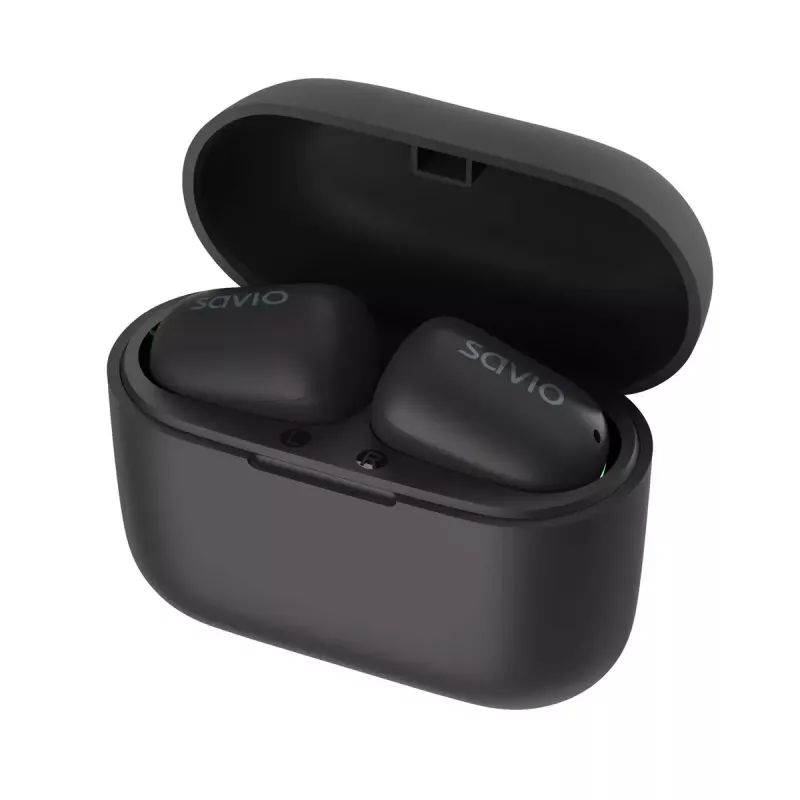 Belaidės ausinės SAVIO TWS-09 – Bluetooth 5.1, binauralinės, 20–20000 Hz, 8 h pokalbių laiko, įkrovimo dėklas su power bank, USB-C, juodos