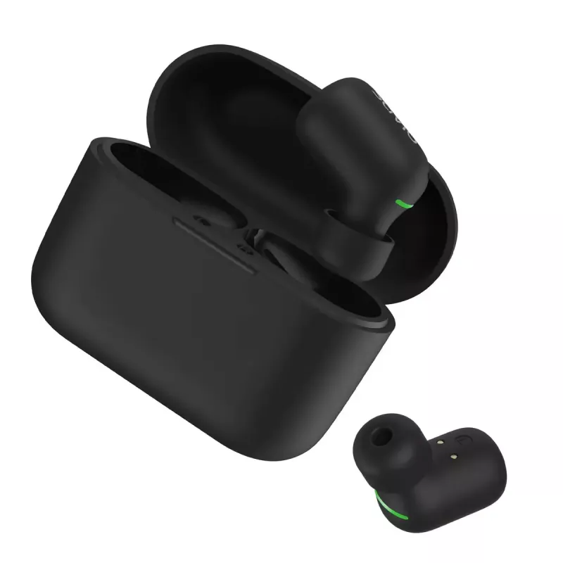 Belaidės ausinės SAVIO TWS-09 – Bluetooth 5.1, binauralinės, 20–20000 Hz, 8 h pokalbių laiko, įkrovimo dėklas su power bank, USB-C, juodos