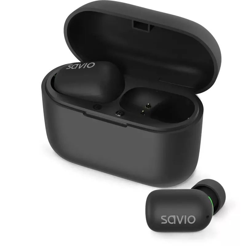 Belaidės ausinės SAVIO TWS-09 – Bluetooth 5.1, binauralinės, 20–20000 Hz, 8 h pokalbių laiko, įkrovimo dėklas su power bank, USB-C, juodos