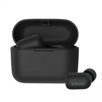 Belaidės ausinės SAVIO TWS-09 – Bluetooth 5.1, binauralinės, 20–20000 Hz, 8 h pokalbių laiko, įkrovimo dėklas su power bank, USB-C, juodos