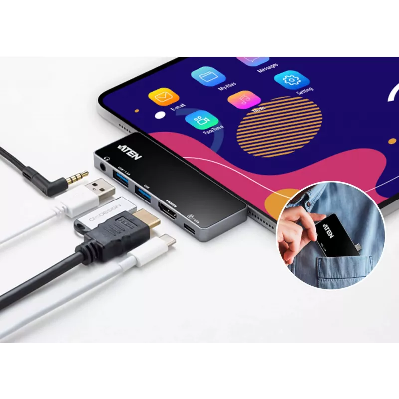 ATEN UH3238 USB-C kelioninis dokas su galios perdavimu, universalus, juodas/sidabrinis