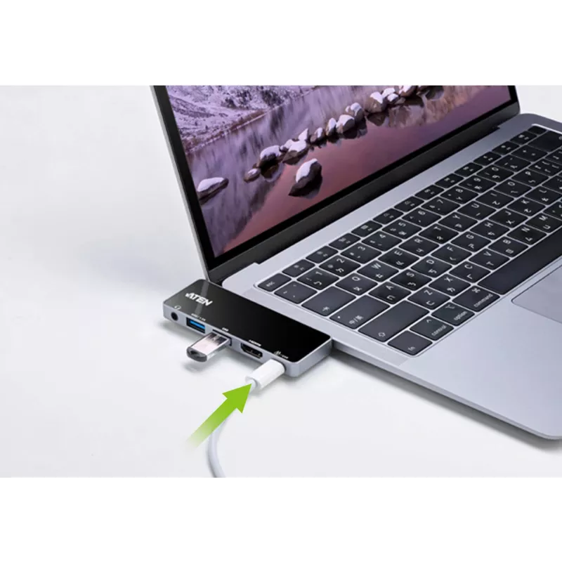 ATEN UH3238 USB-C kelioninis dokas su galios perdavimu, universalus, juodas/sidabrinis