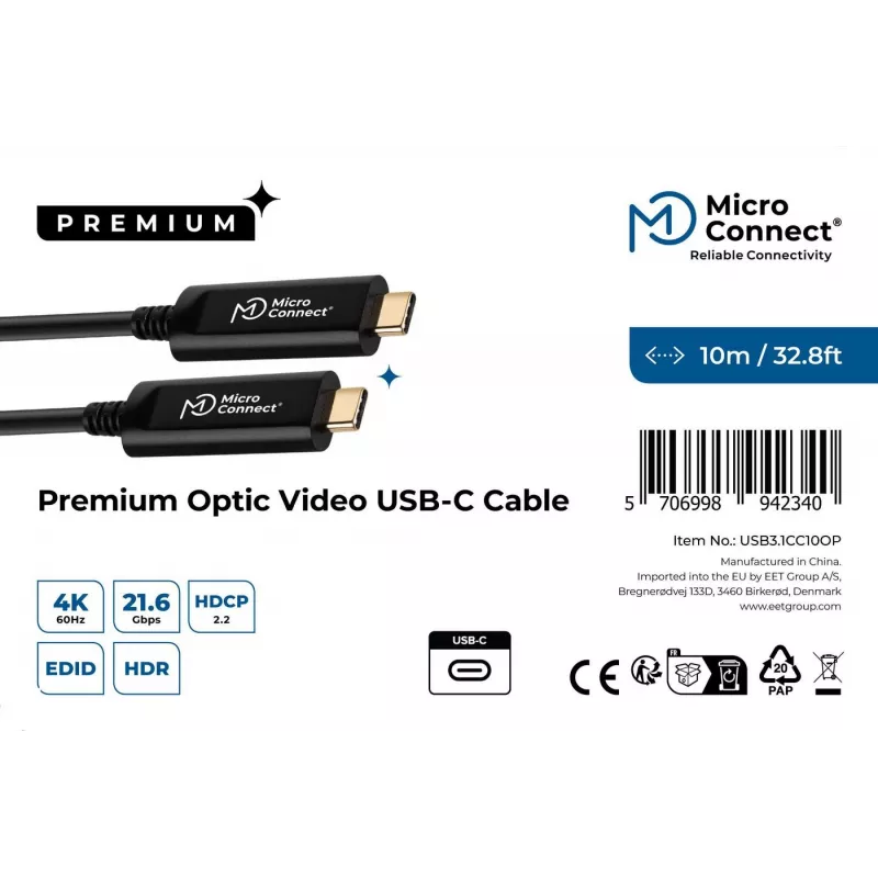 Microconnect USB3.1CC10OP USB-C aktyvus šviesolaidinis kabelis 10 m, USB 3.2 Gen 1, juodas