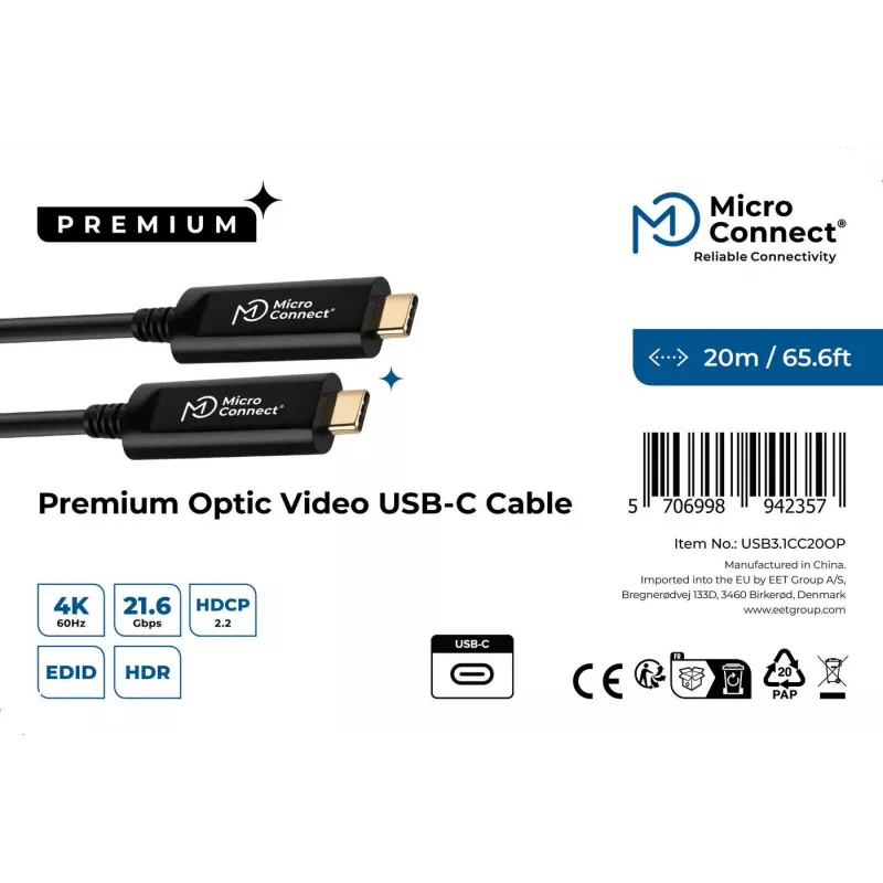 Microconnect USB3.1CC20OP aktyvus šviesolaidinis USB-C laidas 20 m USB 3.2 Gen 2 juodas
