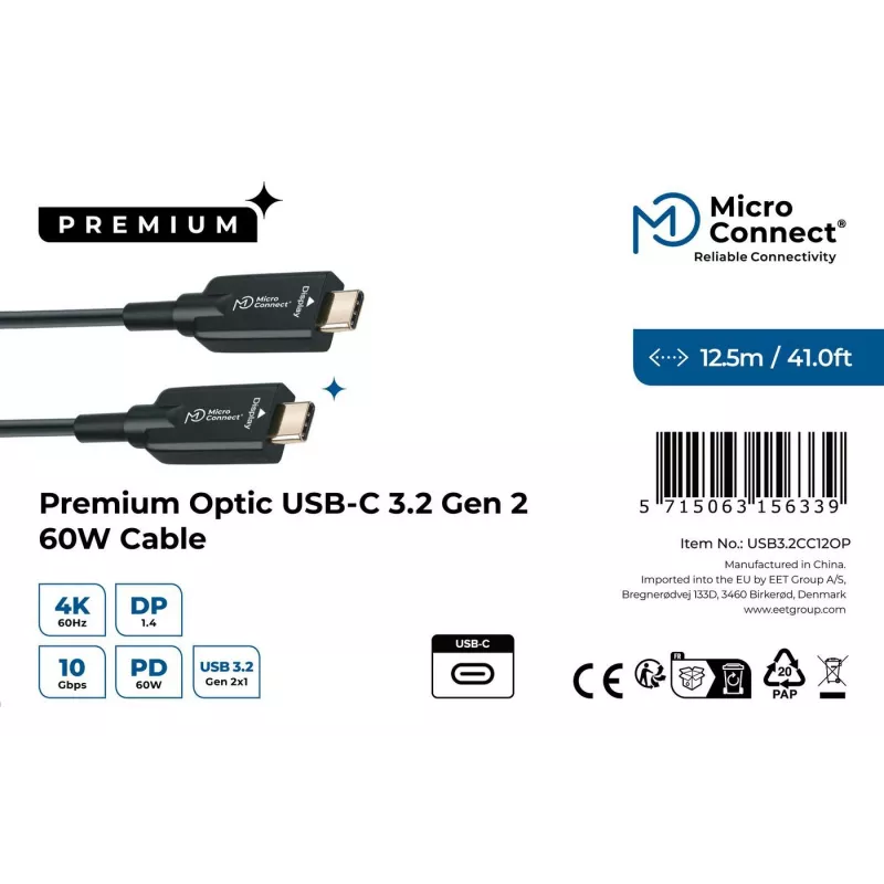 Microconnect USB3.2CC12OP USB-C į USB-C hibridinis kabelis, USB 3.2 Gen 2, 12,5 m, juodas