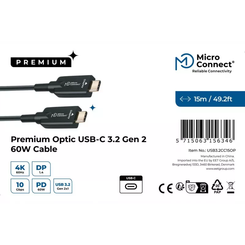 USB-C aktyvus optinis laidas MicroConnect USB3.2CC15OP 15m, juodas, 10 Gbit/s