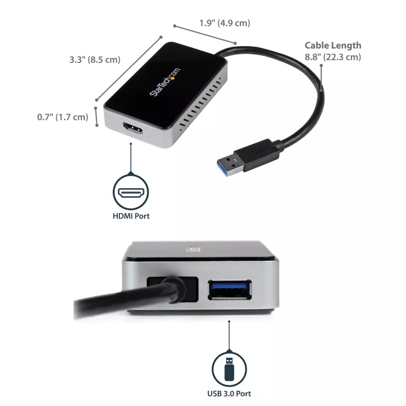 StarTech.com USB 3.0 į HDMI adapteris su 1x USB, USB į HDMI monitoriaus keitiklis, skirtas Windows (nepalaiko macOS/ChromeOS/Linux) - TAA