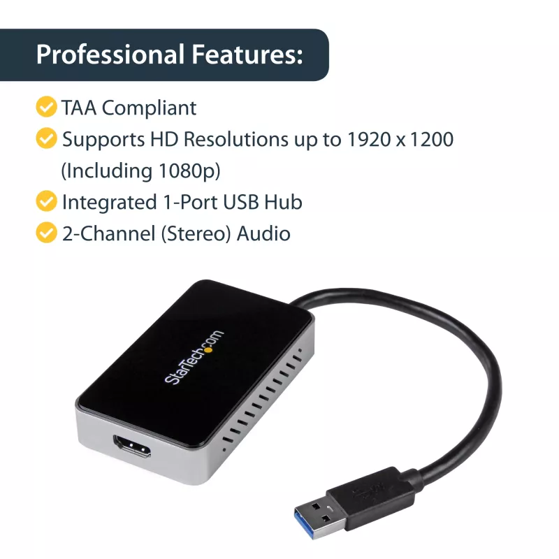 StarTech.com USB 3.0 į HDMI adapteris su 1x USB, USB į HDMI monitoriaus keitiklis, skirtas Windows (nepalaiko macOS/ChromeOS/Linux) - TAA