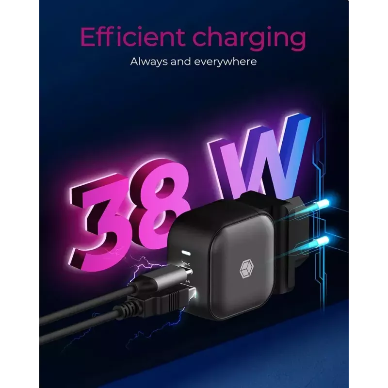 Sieninis įkroviklis ICY BOX 2 prievadų USB Power Delivery Greitasis įkrovimas Juodas