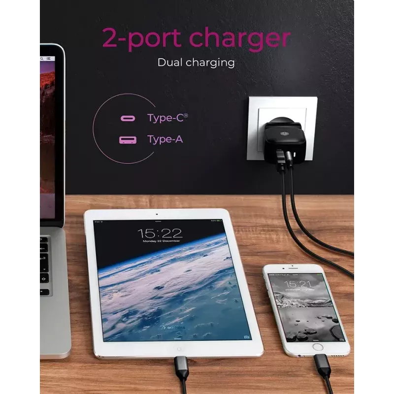 Sieninis įkroviklis ICY BOX 2 prievadų USB Power Delivery Greitasis įkrovimas Juodas
