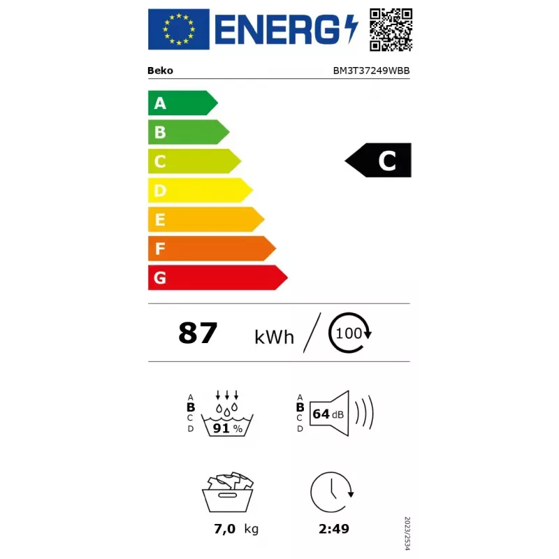 BEKO BM3T37249WBB priekinio pakrovimo džiovyklė, 7 kg, energijos klasė C, balta