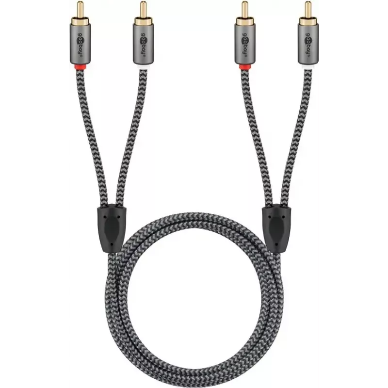 Garso kabelis WENTRONIC Goobay 65293 — 2 m, 2×RCA patinas į 2×RCA patinas, varis, auksuoti kontaktai, magnetinis ekranavimas, pilka
