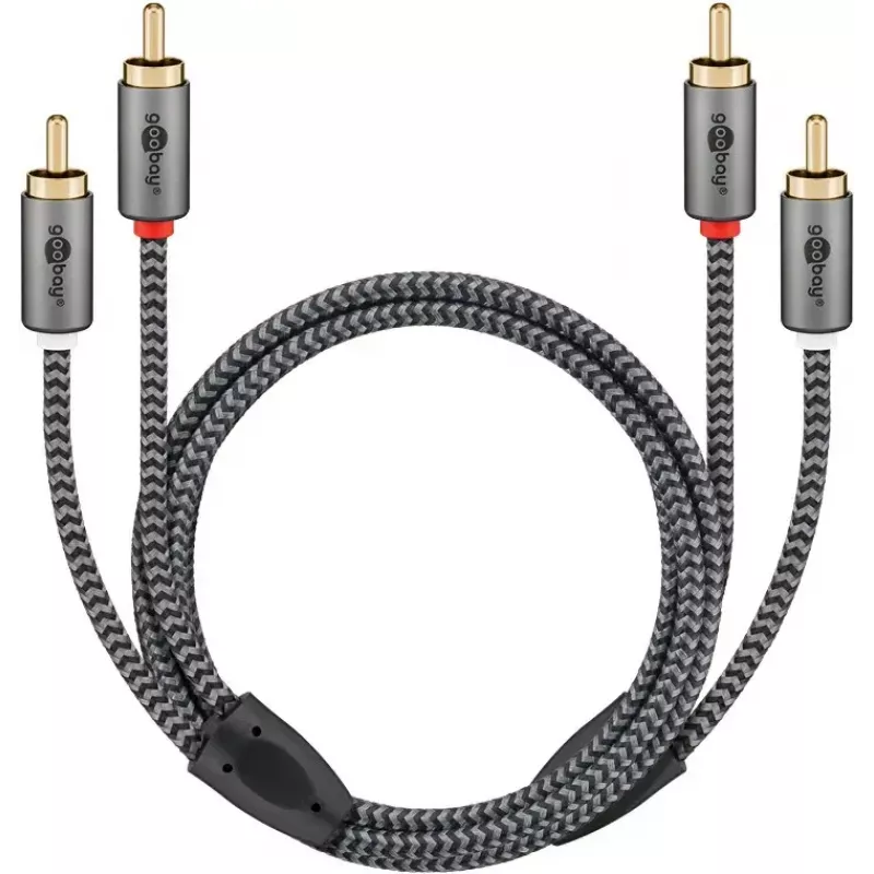 Garso kabelis WENTRONIC Goobay 65293 — 2 m, 2×RCA patinas į 2×RCA patinas, varis, auksuoti kontaktai, magnetinis ekranavimas, pilka