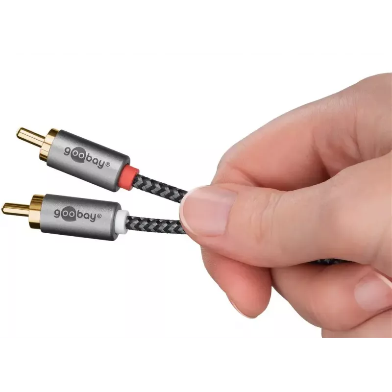 Garso kabelis WENTRONIC Goobay 65293 — 2 m, 2×RCA patinas į 2×RCA patinas, varis, auksuoti kontaktai, magnetinis ekranavimas, pilka