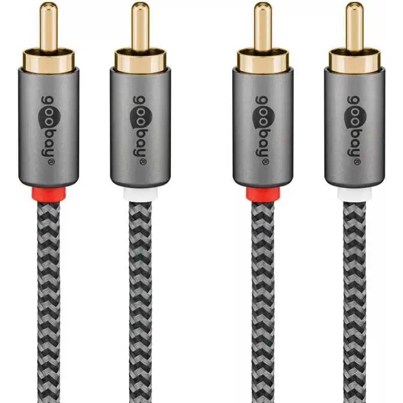 Garso kabelis WENTRONIC Goobay 65293 — 2 m, 2×RCA patinas į 2×RCA patinas, varis, auksuoti kontaktai, magnetinis ekranavimas, pilka
