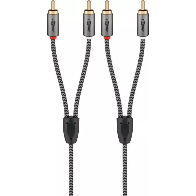 Garso kabelis WENTRONIC Goobay 65293 — 2 m, 2×RCA patinas į 2×RCA patinas, varis, auksuoti kontaktai, magnetinis ekranavimas, pilka