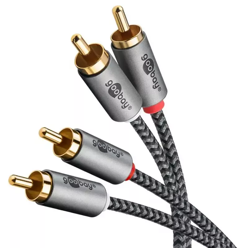 Garso kabelis WENTRONIC Goobay 65293 — 2 m, 2×RCA patinas į 2×RCA patinas, varis, auksuoti kontaktai, magnetinis ekranavimas, pilka