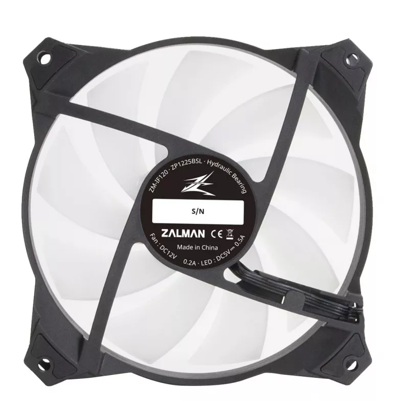 Zalman ZM-IF120 120 mm pieno baltumo aRGB ventiliatorius su begalybės efektu 1 200 RPM 21,0 dB(A) 55,2 CFM kompiuterio korpusui 12 cm
