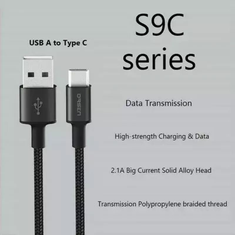USB A į USB-C laidas Orsen S9C 1 m, 2,1 A, juodas