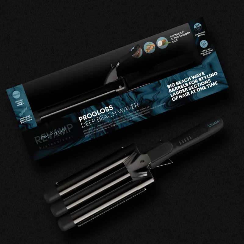 Revamp Progloss Deep Beach Waver tekstūravimo lygintuvas Warm Black 3 m
