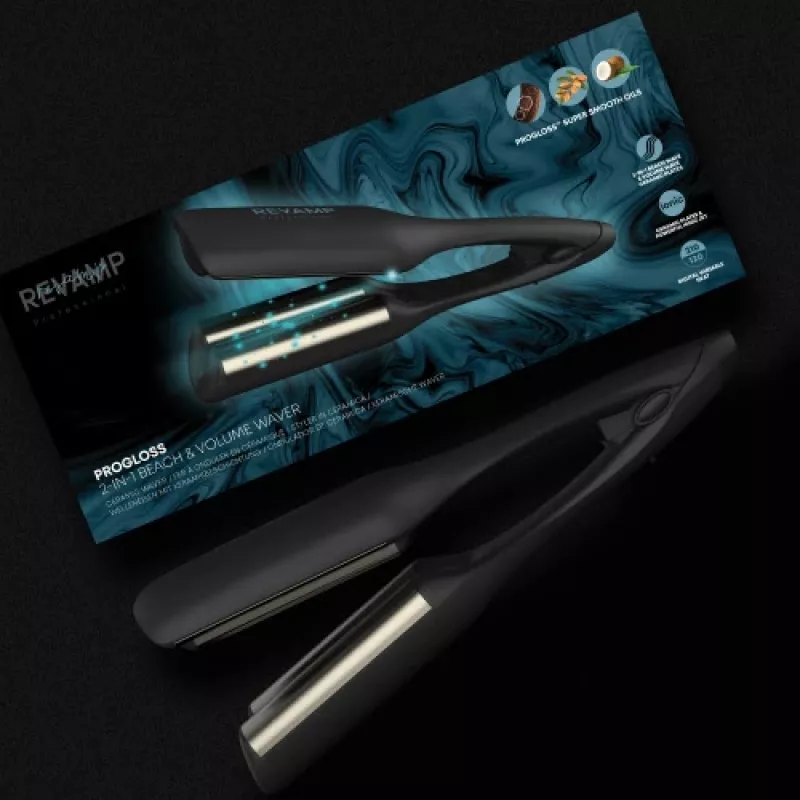 Revamp Progloss 2-in-1 Beach & Volume Waver bangų ir tūrio garbanojimo žnyplės Warm Black 3 m