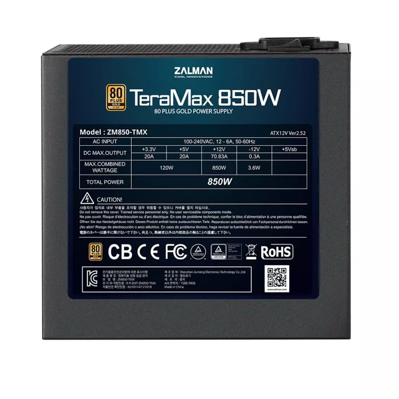 Zalman ZM850-TMX TerraMax 80 PLUS GOLD maitinimo blokas 850W pilnai modulinis 99,9% Active PFC juodas