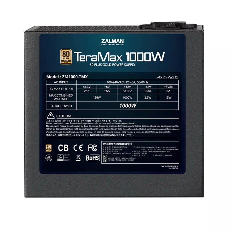 Zalman ZM1200-TMX TeraMax 80 PLUS GOLD maitinimo blokas 1200W/visiškai modulinis/99,9% Active PFC/vienos linijos