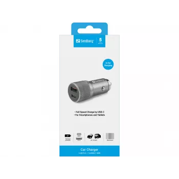 Sandberg automobilinis įkroviklis 1xQC3.0+1xUSB-C 48W, metalinis