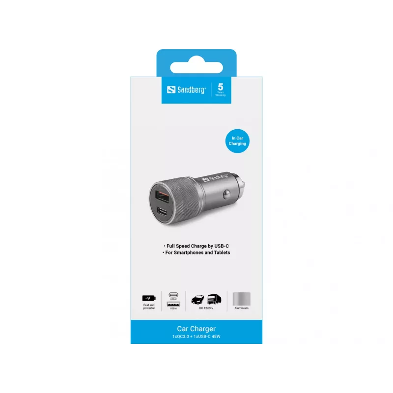 Sandberg automobilinis įkroviklis 1xQC3.0+1xUSB-C 48W, metalinis