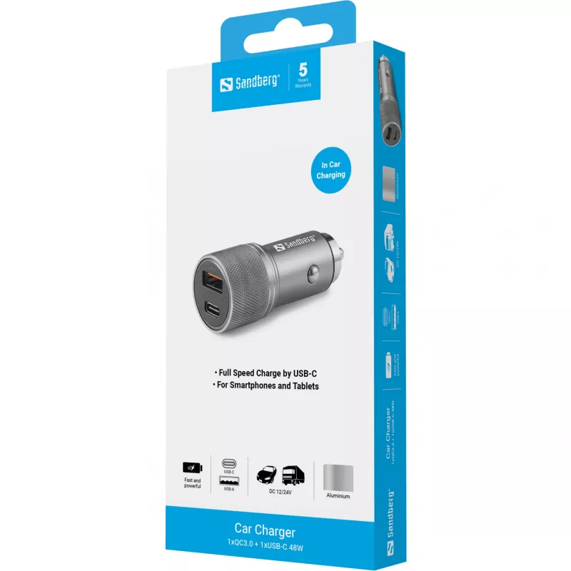 Sandberg automobilinis įkroviklis 1xQC3.0+1xUSB-C 48W, metalinis