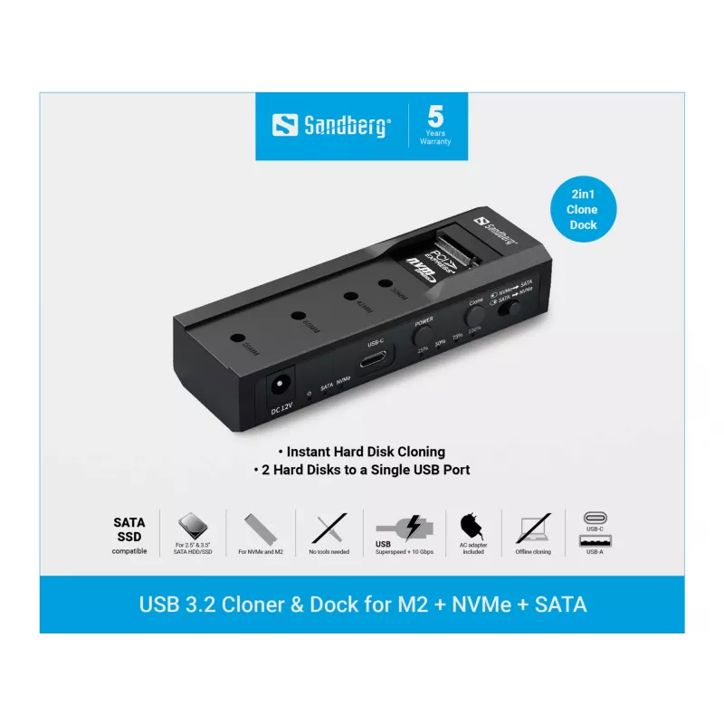 Sandberg USB 3.2 Klonavimo stotelė ir dokas M2, NVMe ir SATA diskams