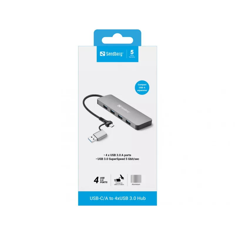 Sandberg USB-C/A į 4xUSB 3.0 šakotuvas aliuminis 5000 Mbit/s