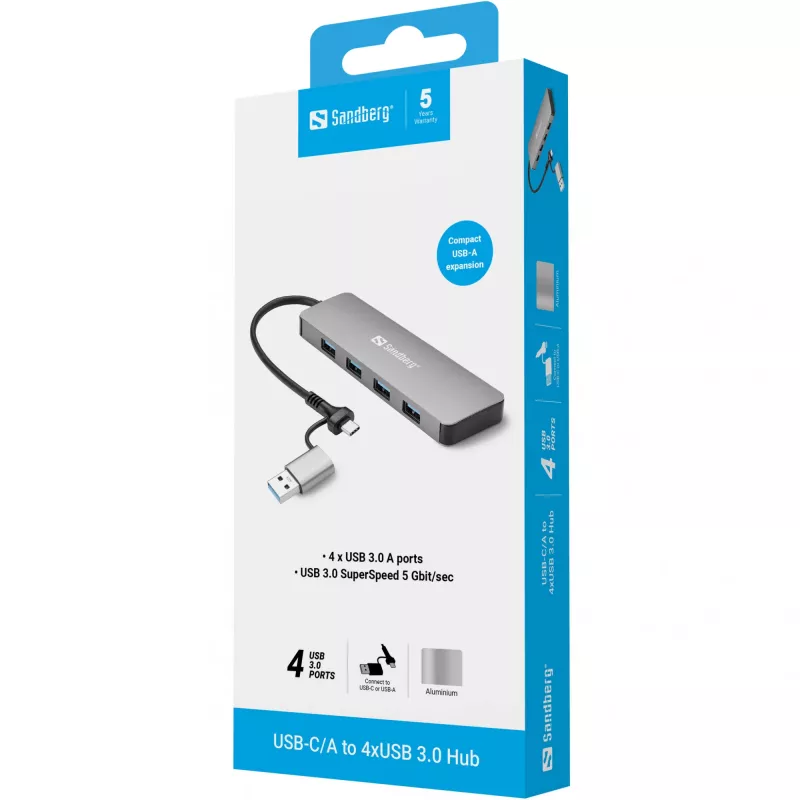 Sandberg USB-C/A į 4xUSB 3.0 šakotuvas aliuminis 5000 Mbit/s