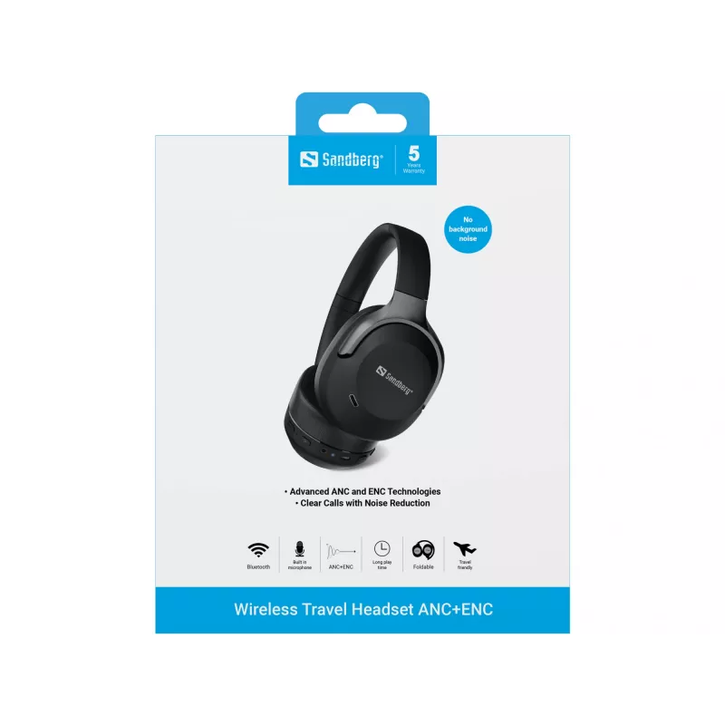 Sandberg Wireless Travel Headset ANC+ENC, belaidės ausinės, skambučiai/muzika, 228 g, juodos
