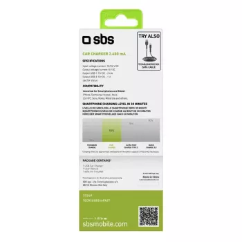 Automobilinis USB įkroviklis SBS Mobile TECR2USB24AFAST — 2×USB, 2.4A, greitas įkrovimas, juodas