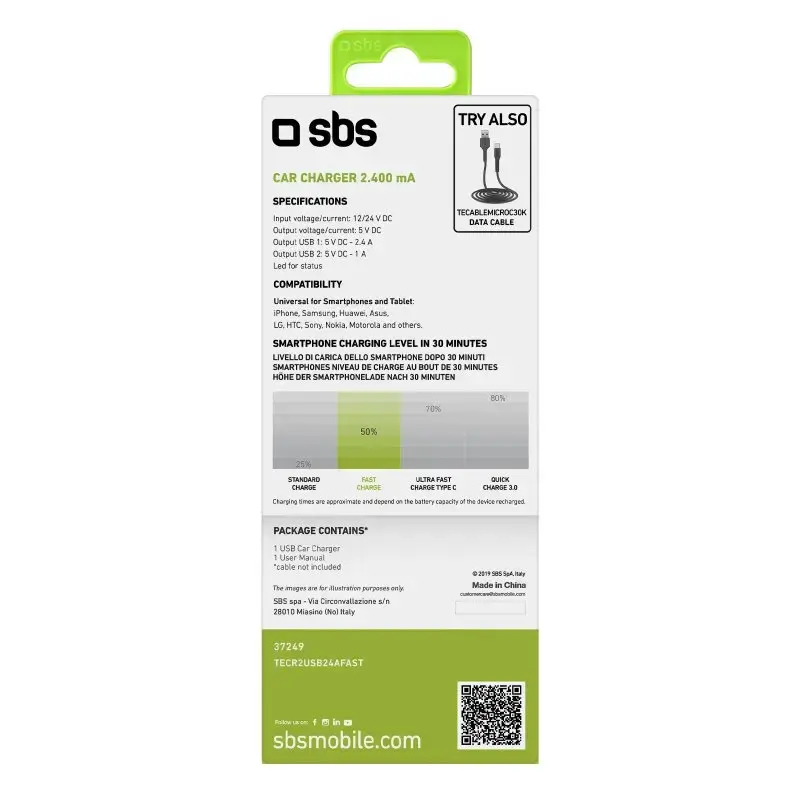 Automobilinis USB įkroviklis SBS Mobile TECR2USB24AFAST — 2×USB, 2.4A, greitas įkrovimas, juodas