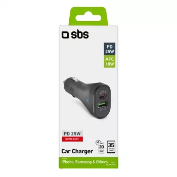 Automobilinis įkroviklis SBS Mobile TECRPD25W — cigarečių degtukas, 12–24V, 1×USB-A, 1×USB-C, greitas įkrovimas, juodas