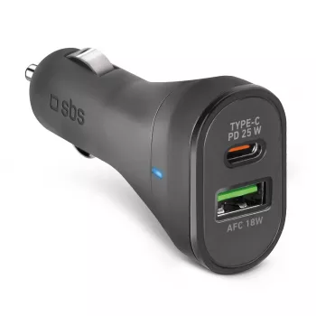 Automobilinis įkroviklis SBS Mobile TECRPD25W — cigarečių degtukas, 12–24V, 1×USB-A, 1×USB-C, greitas įkrovimas, juodas