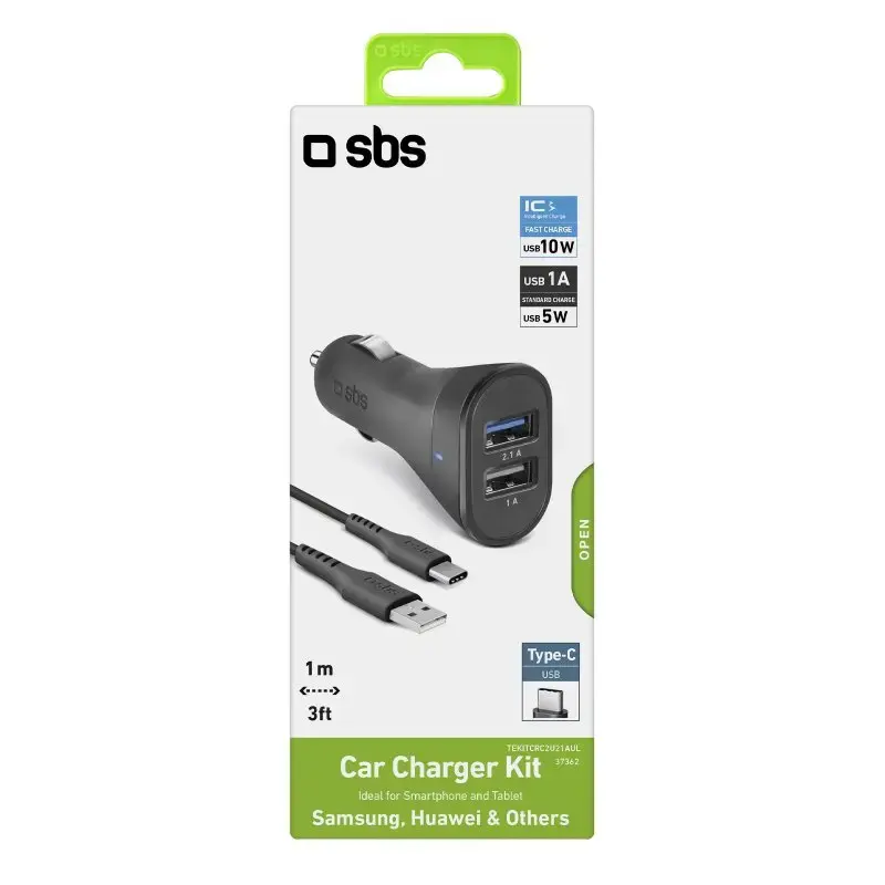 Automobilinis kroviklio rinkinys SBS Mobile USB-Type-C, 2× USB 2.0 prievadai, 1 m laidas, 12 W, 12/24 V įėjimas, juodas