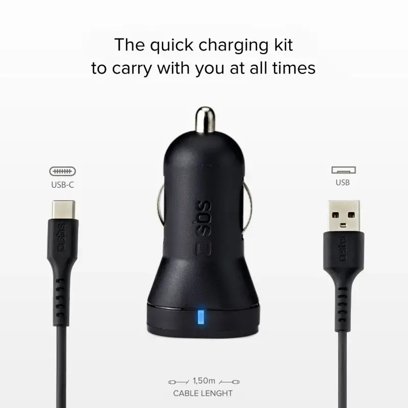 Automobilinis kroviklio rinkinys SBS Mobile USB-Type-C, 2× USB 2.0 prievadai, 1 m laidas, 12 W, 12/24 V įėjimas, juodas