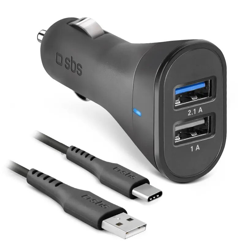 Automobilinis kroviklio rinkinys SBS Mobile USB-Type-C, 2× USB 2.0 prievadai, 1 m laidas, 12 W, 12/24 V įėjimas, juodas