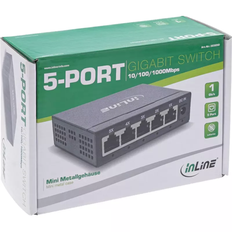 InLine Gigabit tinklo jungiklis 5 prievadų, 1 Gb/s, stalinis, metalinis korpusas, be ventiliatoriaus