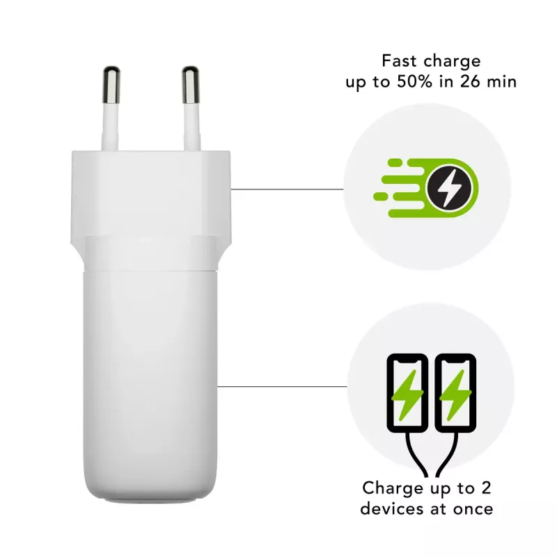 Įkroviklis d bramante re-charge Pro EU – vidaus AC 110–240 V, USB‑C 65 W + USB‑A 18 W, baltas